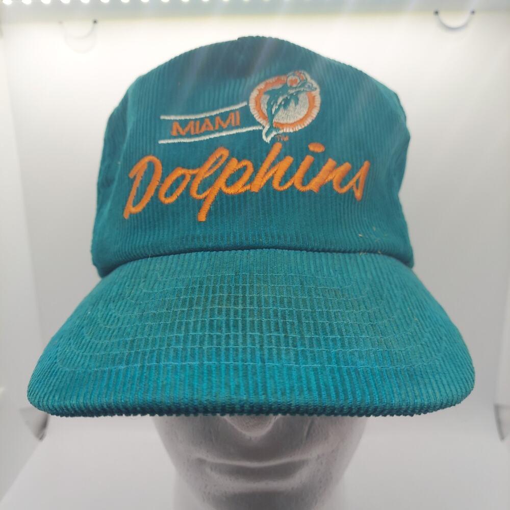 Vintage Miami Dolphins Snapback Hat Annco Corduroy 80s 90s Script NFL Cap Teal